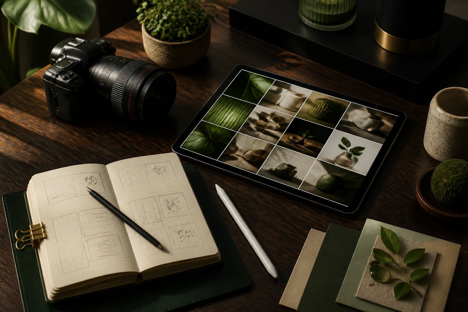 Creative content planning workspace with camera and tablet